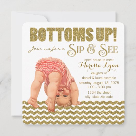 Invitation Parties scintillant d'or filles Sip et voir (Devant)