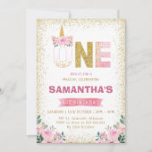 Invitation Parties scintillant d'or Fleurs roses Unicorn 1er  (Devant)