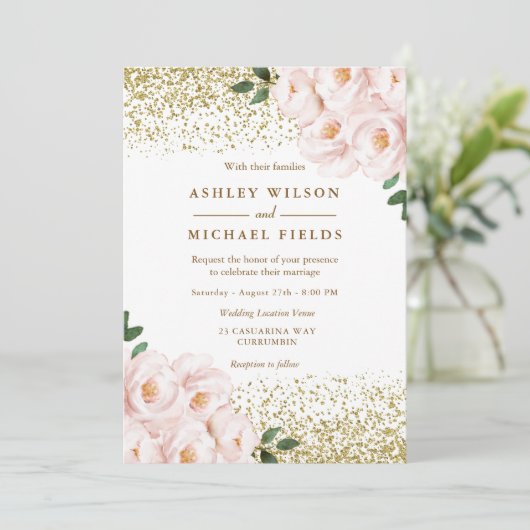 Invitation Parties scintillant d'or Fleurs rousses Mariage él (Debout devant)