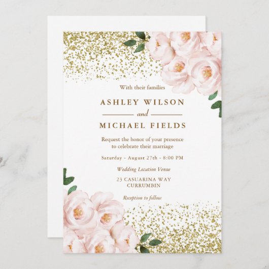 Invitation Parties scintillant d'or Fleurs rousses Mariage él (Devant / Derrière)