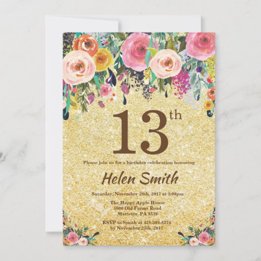 Invitation Parties scintillant d'or Floral 13e anniversaire I (Devant)