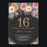 Invitation Parties scintillant d'or Floral 16th Birthday Invi<br><div class="desc">Invitation Florale 16e anniversaire pour les femmes. Fleur florale aquarelle. Parties scintillant noire et or. Rose,  Jaune,  Orange,  Fleur Violet.Anniversaire enfant. Pour L'Adolescence Ado De La Fille.
Pour plus de personnalisation,  cliquez sur le bouton "Customiser" et utilisez notre outil de conception pour modifier ce modèle.</div>