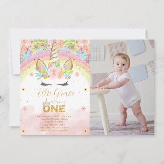Invitation Parties scintillant d'or Floral 1er Anniversaire U (Devant)