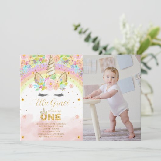 Invitation Parties scintillant d'or Floral 1er Anniversaire U (Debout devant)
