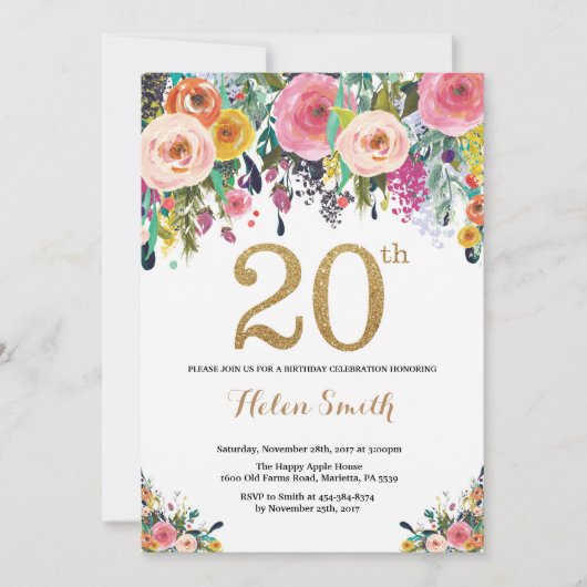 Invitation Parties scintillant d'or Floral 20th Birthday Invi (Devant)