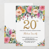 Invitation Parties scintillant d'or Floral 20th Birthday Invi (Devant / Derrière)