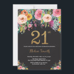 Invitation Parties scintillant d'or Floral 21st Birthday Invi<br><div class="desc">Invitation Florale 21e anniversaire pour les femmes. Fleur florale aquarelle. Parties scintillant noire et or. Rose,  Jaune,  Orange,  Fleur Violet. Anniversaire adulte.
Pour plus de personnalisation,  cliquez sur le bouton "Customiser" et utilisez notre outil de conception pour modifier ce modèle.</div>