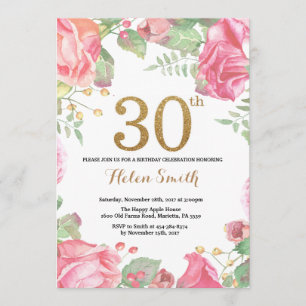 Invitation Parties scintillant d'or Floral 30th Birthday Invi