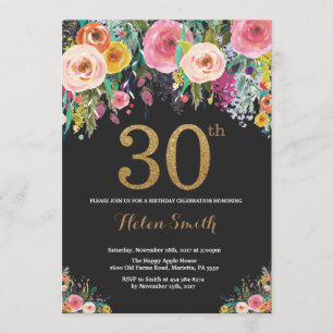 Invitation Parties scintillant d'or Floral 30th Birthday Invi