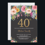 Invitation Parties scintillant d'or Floral 40th Birthday Invi<br><div class="desc">Invitation Florale 40e anniversaire pour les femmes. Fleur florale aquarelle. Parties scintillant noire et or. Rose,  Jaune,  Orange,  Fleur Violet. Anniversaire adulte.
Pour plus de personnalisation,  cliquez sur le bouton "Customiser" et utilisez notre outil de conception pour modifier ce modèle.</div>