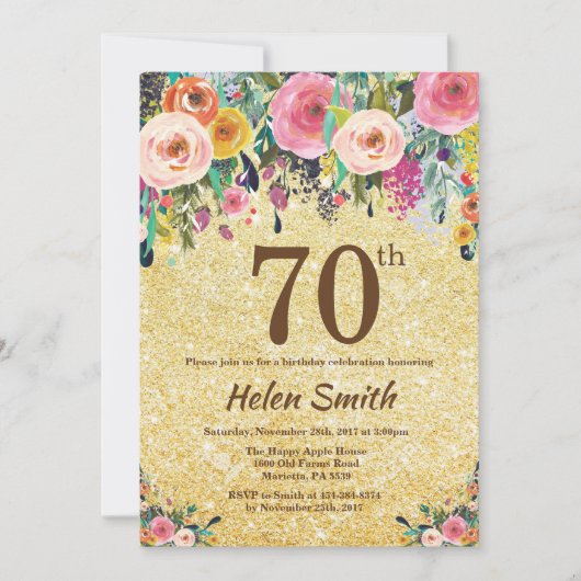 Invitation Parties scintillant d'or Floral 70e anniversaire I (Devant)