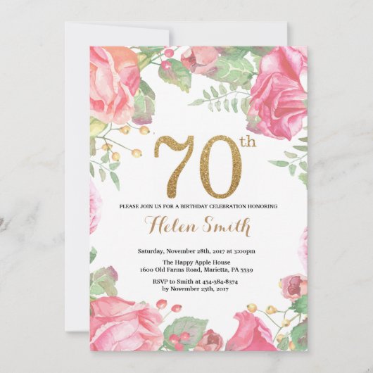 Invitation Parties scintillant d'or Floral 70th Birthday Invi (Devant)