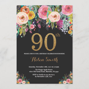 Invitation Parties scintillant d'or Floral 90th Birthday Invi