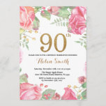 Invitation Parties scintillant d'or Floral 90th Birthday Invi<br><div class="desc">Invitation Florale 90e anniversaire pour les femmes. Aquarelle Fleur botanique florale. Parties scintillant d'or. Pignons Roses Fleurs Florales. Anniversaire adulte.
Pour plus de personnalisation,  cliquez sur le bouton "Customiser" et utilisez notre outil de conception pour modifier ce modèle.</div>