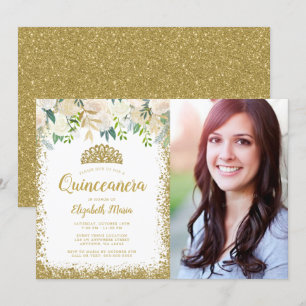 Invitation Parties scintillant d'or floral blanc Tiara Quince