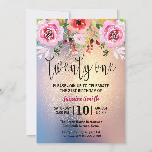 Invitation Parties scintillant d'or floral moderne 21e annive (Devant)