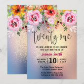 Invitation Parties scintillant d'or floral moderne 21e annive (Devant / Derrière)