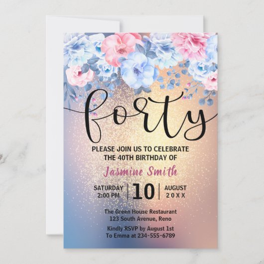 Invitation Parties scintillant d'or floral moderne 40e annive (Devant)