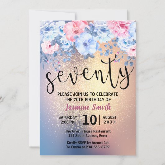 Invitation Parties scintillant d'or floral moderne 70e annive (Devant)