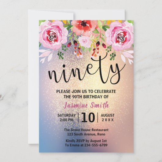 Invitation Parties scintillant d'or floral moderne 90e annive (Devant)