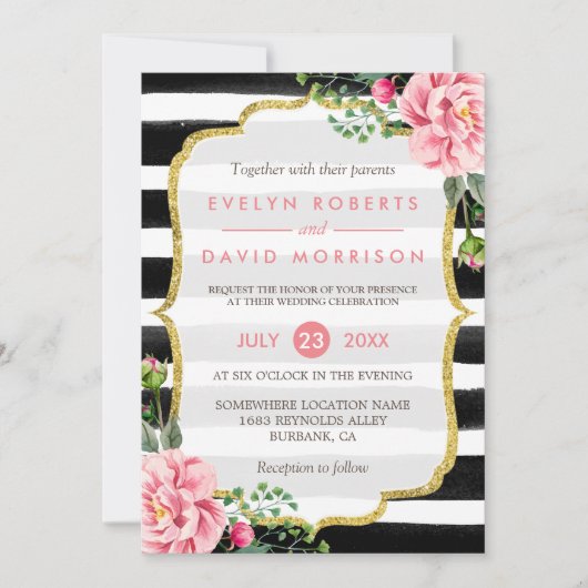 Invitation Parties scintillant d'or Floral noir blanc rayures (Devant)