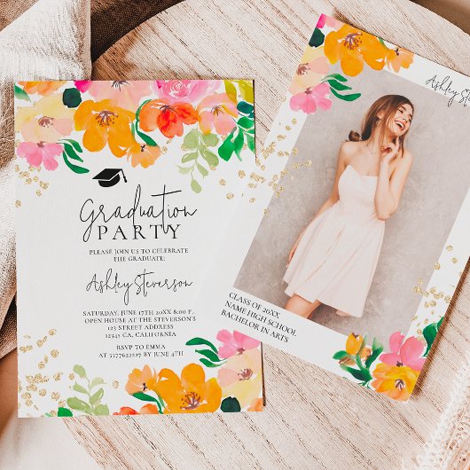 Invitation Parties scintillant d'or floral photo graduation b