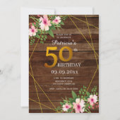 Invitation Parties scintillant d'or floral rose bois rustique (Devant)