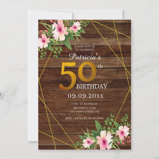Invitation Parties scintillant d'or floral rose bois rustique (Devant)