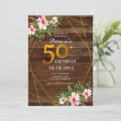 Invitation Parties scintillant d'or floral rose bois rustique (Debout devant)