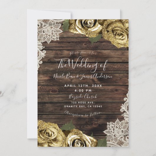 Invitation Parties scintillant d'or Floral Roses Rustique Boi (Devant)