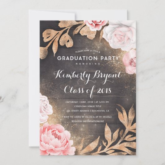 Invitation Parties scintillant d'or Floral Rustic Country Gra (Devant)