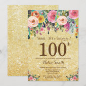 Invitation Parties scintillant d'or Floral Surprise 100e anni (Devant / Derrière)