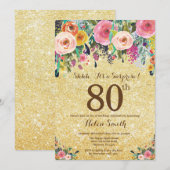 Invitation Parties scintillant d'or Floral Surprise 80e anniv (Devant / Derrière)