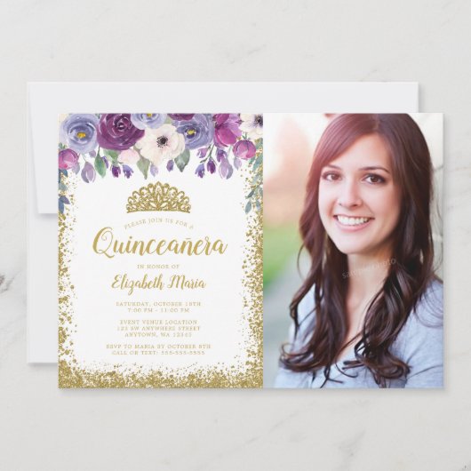Invitation Parties scintillant d'or floral violet Tiara Quinc (Devant)