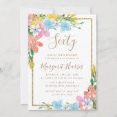 Invitation Parties scintillant d'or florale 60e anniversaire (Devant)