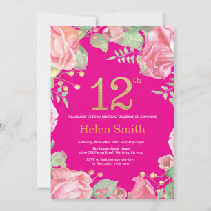 Invitation Parties scintillant d'or florale du 12e anniversai