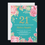 Invitation Parties scintillant d'or florale du 21e anniversai<br><div class="desc">Invitation Florale 21e anniversaire pour les femmes. Aquarelle Fleur botanique florale. Parties scintillant d'or. Arrière - plan Turquoise Aqua Turquoise. Pignons Roses Fleurs Florales. Anniversaire adulte.
Pour plus de personnalisation,  cliquez sur le bouton "Customiser" et utilisez notre outil de conception pour modifier ce modèle.</div>