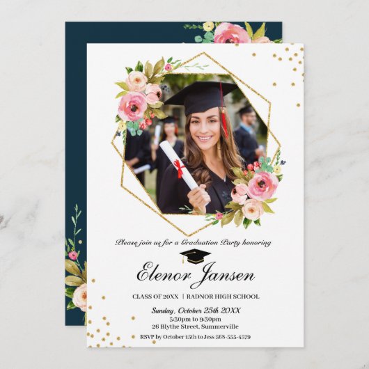 Invitation Parties scintillant d'or géométrique florale - pho (Devant / Derrière)