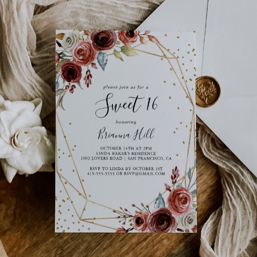 Invitation Parties scintillant d'or géométrique Sweet 16 fête