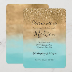 Invitation Parties scintillant d'or Girl Aqua Watercolor