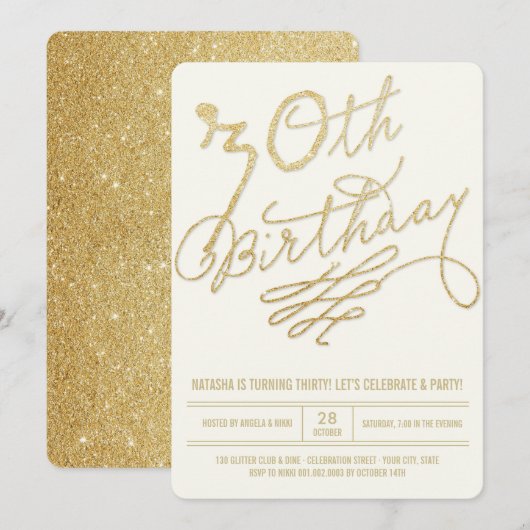 Invitation Parties scintillant d'or Glam Adulte 30e anniversa (Devant / Derrière)