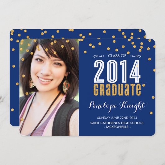 Invitation parties scintillant d'or GRADUATE 2014 confetti ro (Devant / Derrière)