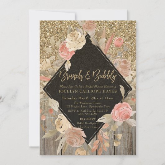 Invitation Parties scintillant d'or Grange Bois Floral Brunch (Devant)