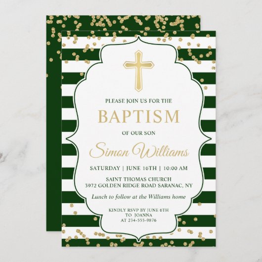 Invitation Parties scintillant d'or Green Stripes Boy Baptism (Devant / Derrière)