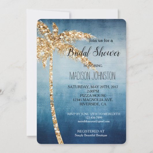 Invitation Parties scintillant d'or gris bleu Palm Tree Fête  (Devant)
