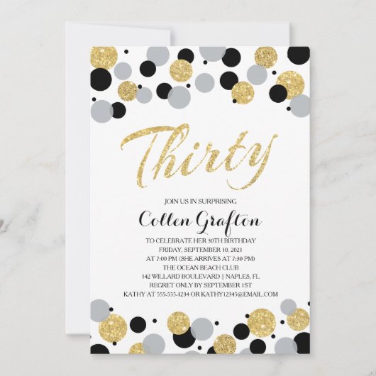 Invitation Parties scintillant d'or gris noir Confetti 30e an (Devant)