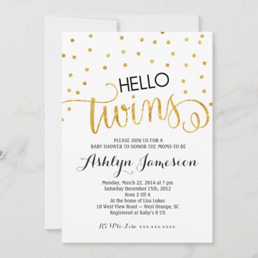 Invitation Parties scintillant d'or Hello Twins Baby shower I (Devant)