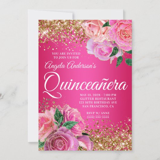 Invitation Parties scintillant d'or Hot rose Floral Glam Quin (Devant)