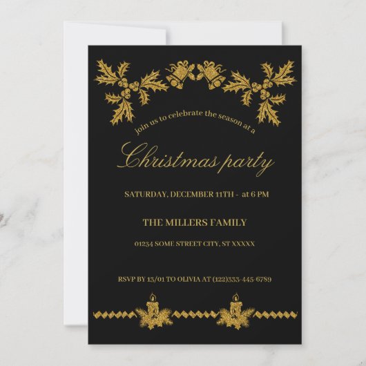 Invitation Parties scintillant d'or Joyeux Noël, Père Noël (Devant)