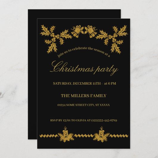 Invitation Parties scintillant d'or Joyeux Noël, Père Noël (Devant / Derrière)